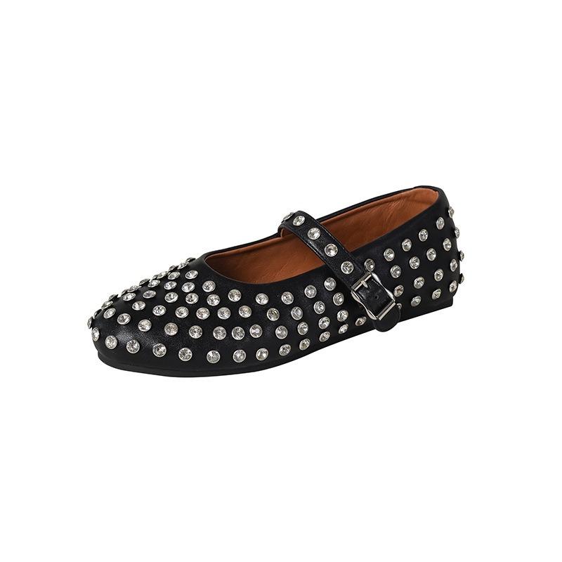 Round head one-word buckle with rhinestone rivets Mary Jane single shoes women's flat comfortable ballet dancing shoes