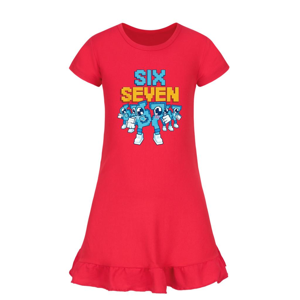 5195 Kids Girls Steal a Brainrot 67 Six Seven Printed Ruffle Short Sleeves Casual Dress