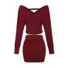 Korean Style 2026 V-Neck Off-Shoulder Knit Top + High-Waist Skirt Set for Women