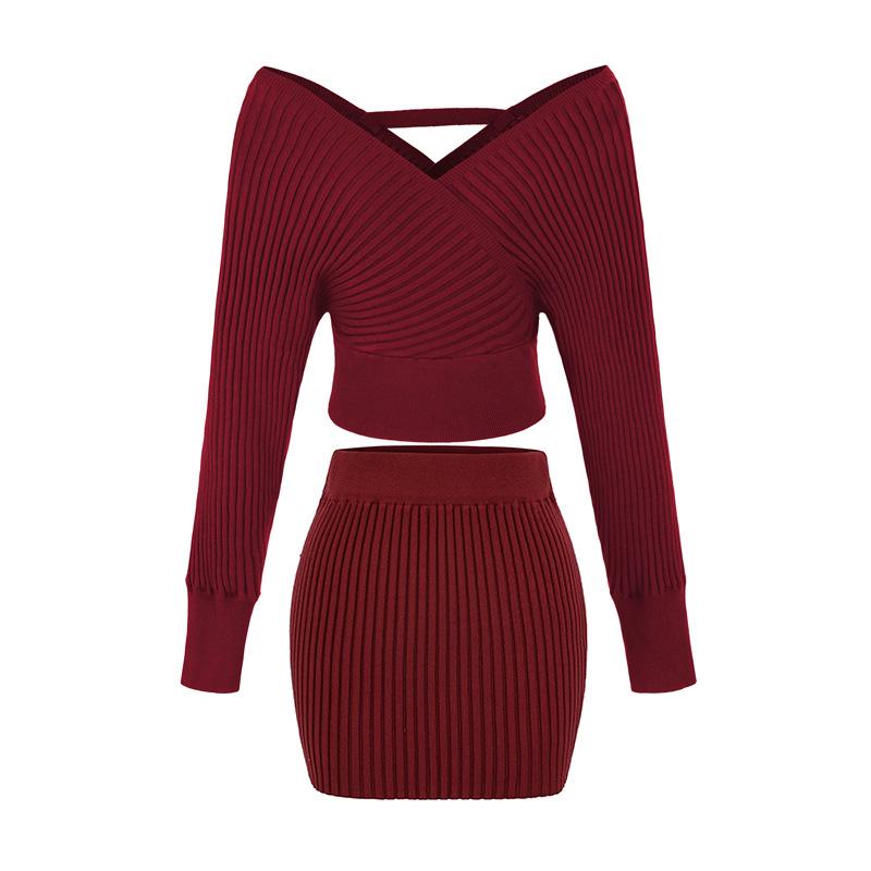 Korean Style 2026 V-Neck Off-Shoulder Knit Top + High-Waist Skirt Set for Women