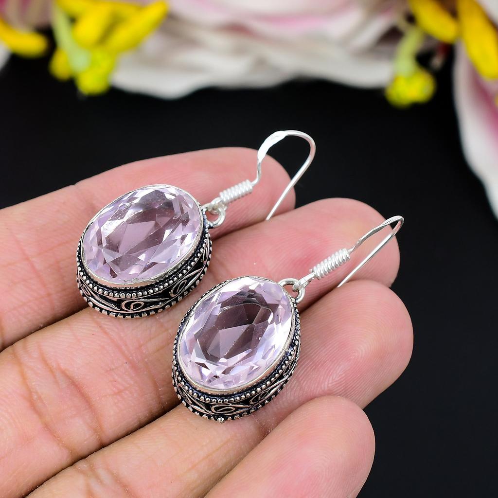 Pink Kunzite Gemstone Handmade 925 Sterling Silver Jewelry Earring 1.62" KG-293
