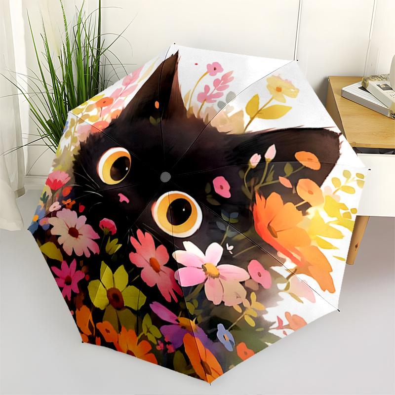 1pc Flower Black Cat Pattern Beautiful Looking Automatic Folding Umbrella, 3 Folding, 8 Pole Frame Design, Durable and Suitable for Travel and Daily U