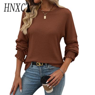 Damenmode, lässig, Herbst und Winter, einfarbig, langärmelig, O-Ausschnitt, Blusen und Hemden