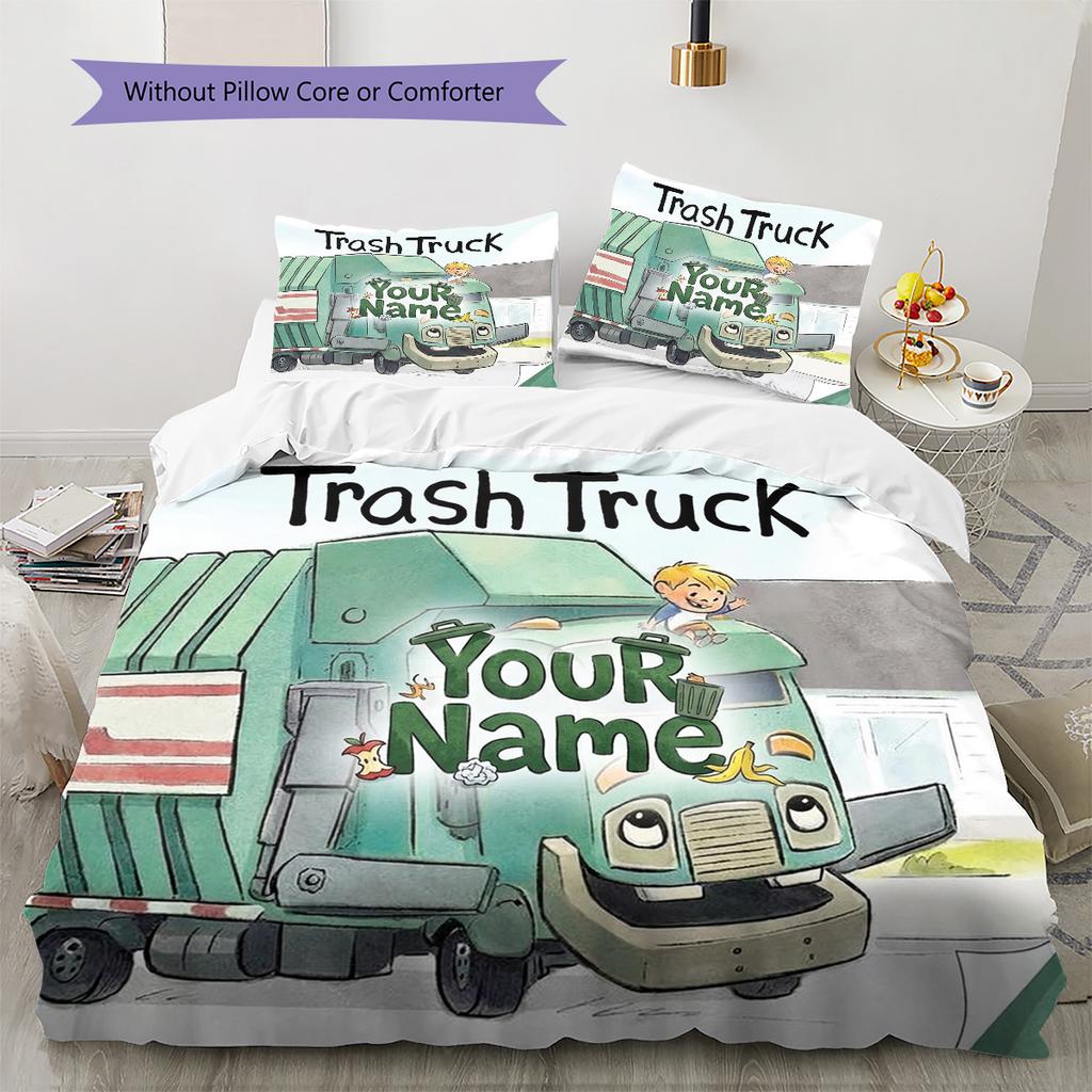Müllwagen Abenteuer Individuelles Namensmuster Bettwäsche Steppdecke Set Bettbezug Kissenbezug Heim Geburtstagsgeschenk(1 Bettbezug + 2 Kissenbezüge, ohne Füllung)