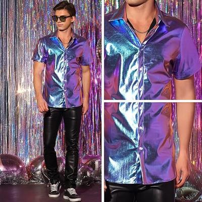 Men's Shiny Metallic Shirt Short Sleeve Lapel Shirt Button-up Sparkling Disco