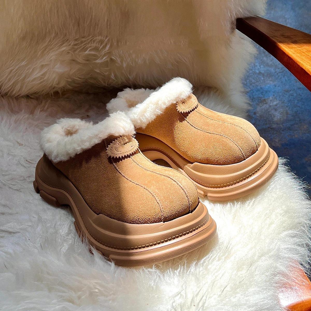 

Sheepskin version~ thick-soled heightening velvet bag head half-drag wool cotton shoes women s fur integrated outer wear wool snow boots 40 коричневый