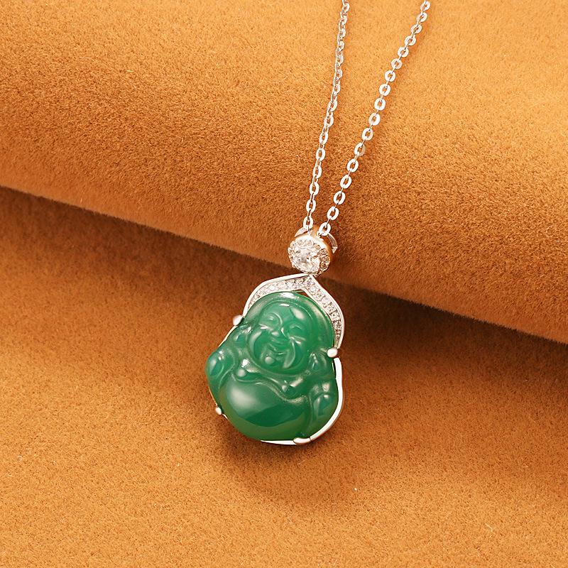 S925 Sterling Silver Green Chalcedony Buddha Pendant Necklace - Chinese Style Maitreya Buddha Collarbone Chain 925 Silver