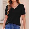Women's Puff Short Sleeve Boho Shirt Casual V Neck Solid Color Summer Shirt Pleated Casual Tunic Top