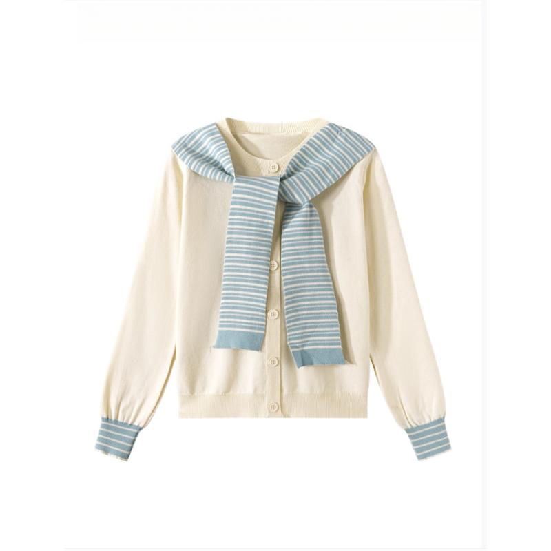 

Шаль в полоску в стиле колледжа, на шнуровке, вязаный кардиган, футболка, модный и молодежный топ для женщин на осень с прямыми плечами one size абрикосовый