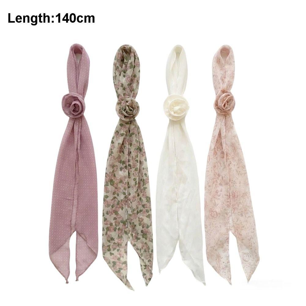 Fashion Floral Chiffon Scarf Removable Flower Soft Long Skinny Scarf Elegant DIY Tie Neckerchief Spring Summer