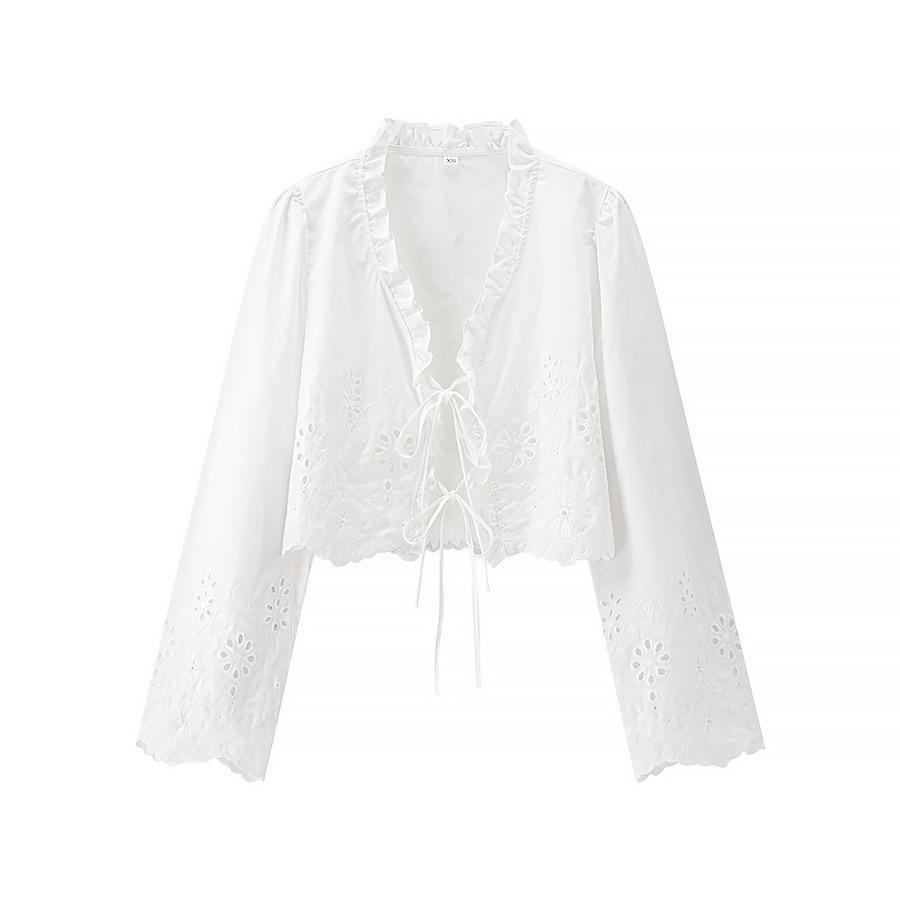 

2025 Summer Women s V-Neck Tie-Up Short Shirt with Hollow Embroidery XS белый