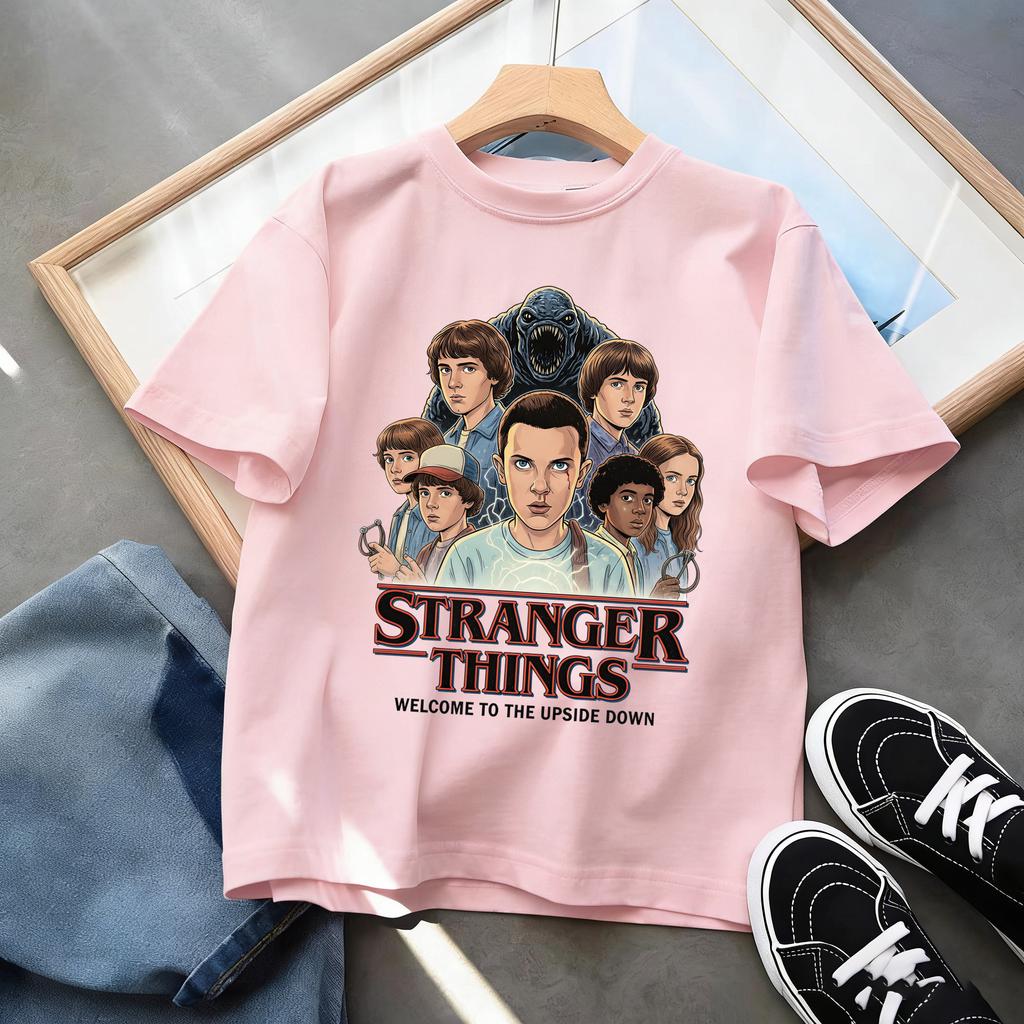 Boys and Girls Demogorgon Hawkins Top Stranger Things Childrens Cartoon Print Pure Cotton Tshirt 2026 Summer Round Neck