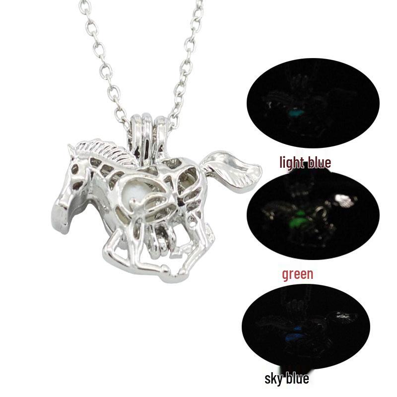 Luminous Black Night Glow Pony Pendant Necklace with Hollow Bead Design