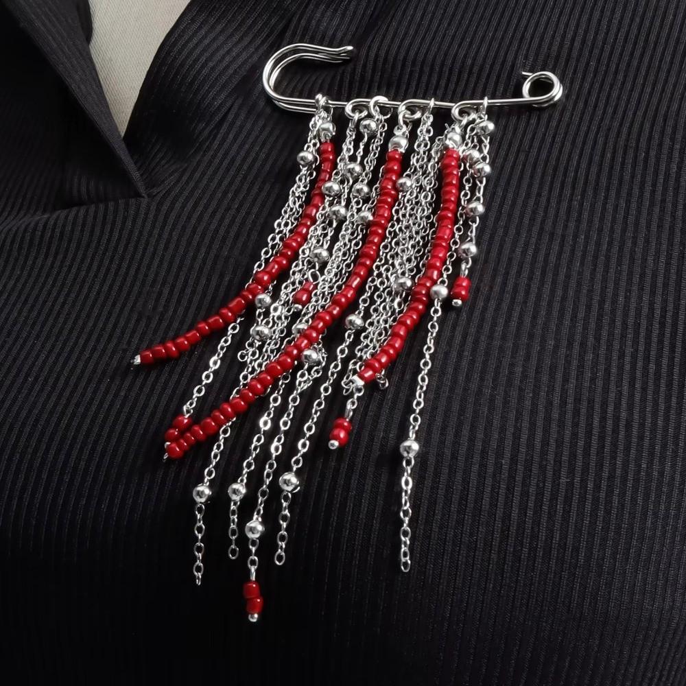 Retro Red Bead Tassel Pin Clothes Decor Clothing Jewelry Accessories Design Metal Multi Chain Brooch Exaggerate Long