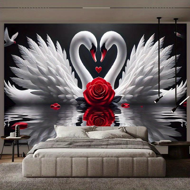 White Swans Love Heart Red Rose Romantic Tapestry Couple Wedding Gift Wall Hanging Bedroom Decor Elegant Animal Art Fabricposter