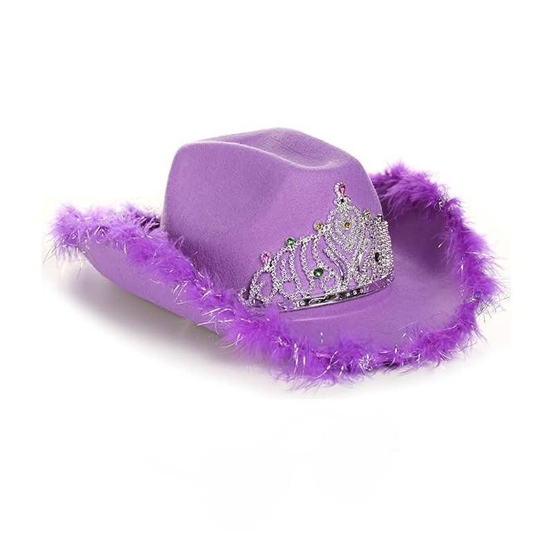Rosa Stoff-Cowboyhut mit Sternverzierungen und leuchtender Krone für Partykleidung und Geschenke