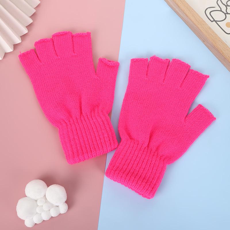 Students Winter Finger Knitted Gloves Outdoor Cycling Games Half Finger Gloves Color Matching Warm Wool Gloves