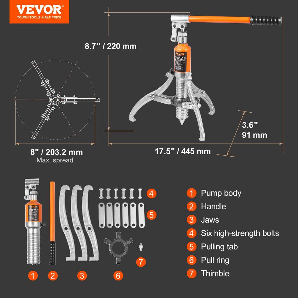 VEVOR Hydraulic Gear Puller, 5 Ton Max Capacity Wheel Bearing Pulling Separator, 2 or 3 Jaws Puller, Vertically and Horizontally