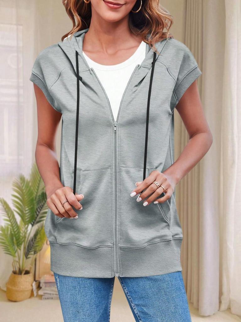 Damen ärmellose Reißverschluss Hoodie Weste locker Kordelzug leichte Jacke mit Taschen