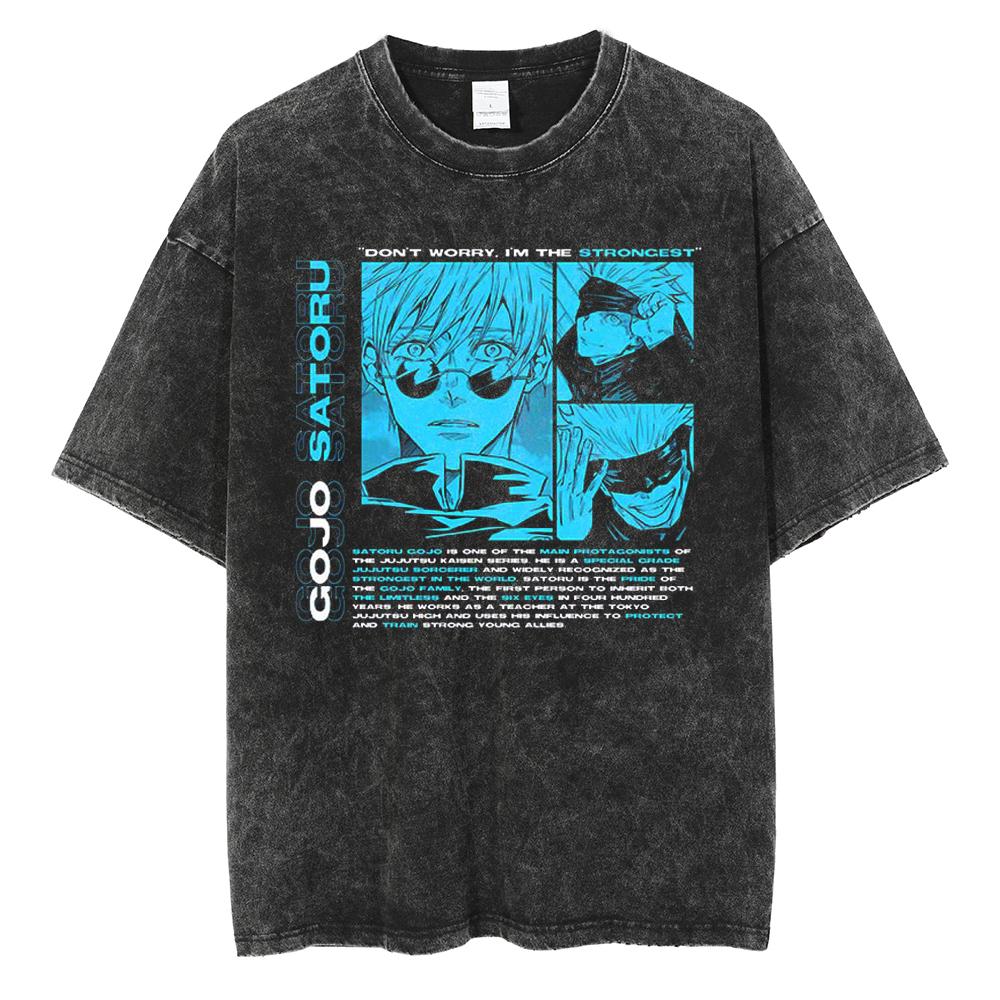 Hot Anime Jujutsu Kaisen Gojo Satoru Graphic Washed T-shirt Men Casual Cotton Tshirts Manga Tee Harajuku Male Vintage T Shirt