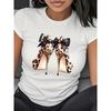 Europäische Größe Damen Leopardendruck Schleife Hoher Absatz Grafik-T-Shirt - Schwarz Rundhals Kurzarm Oberteil, Ganzjahresmode, Maschinenwaschbar