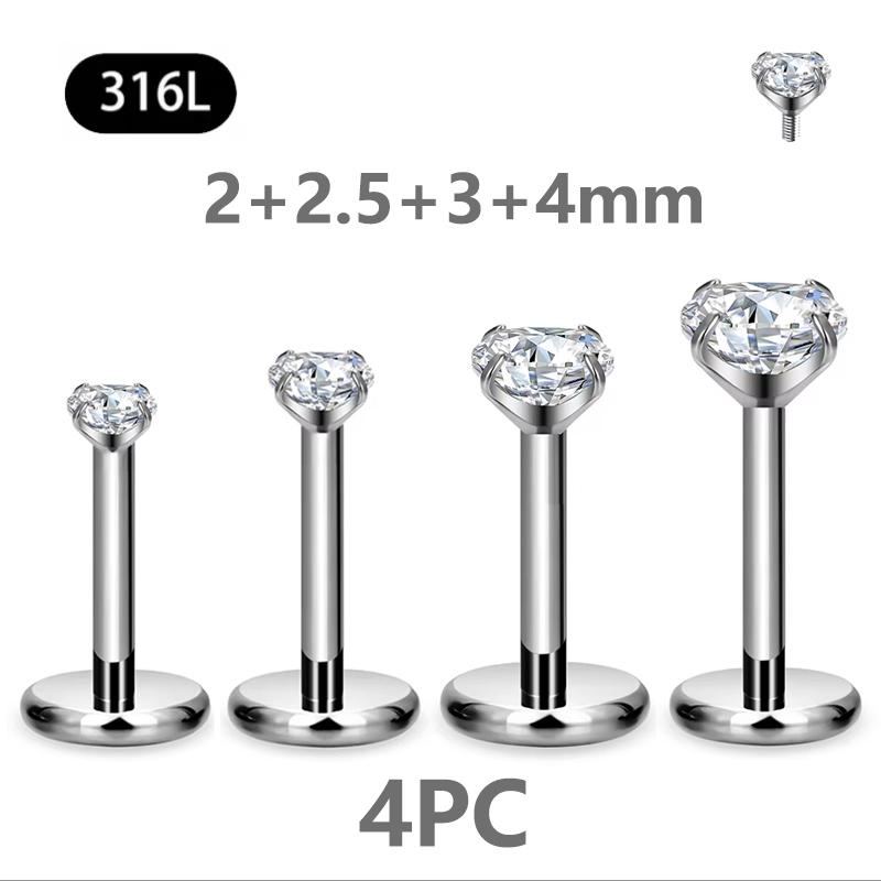 2/4PC Labret Tragus Stud Earrings 16G Surgical Stainless Steel CZ Crystal Monroe Helix Cartialge Conch Medusa Lip Body Piercing