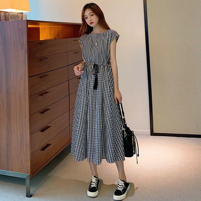 Summer Korean Style New Solid Artistic Student Waist Hugging round Neck Loose Mid-Length Sleeveless Dress Women Dress