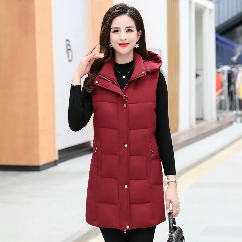 Women's Winterized Vest Detachable Hood Warm Oversized Mid-Length Mommy Jacket
