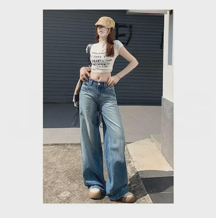 Blue Stone-Milled Wide-Leg Jeans for Women - Retro American Style, Low-Waist, Loose Fit, Drapey, Cracked, Floor-Length Jeans for Spring