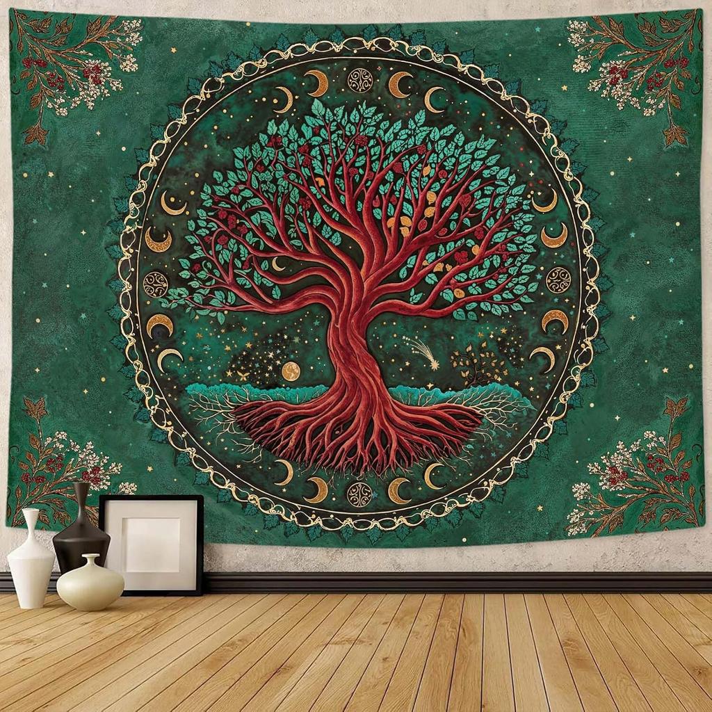 VIKAMA Tapiz Sol Luna Dormitorio Hippie Bohemio Flor Tapiz de Pared Flor Retro Plantas Espíritu Celestial Gran Tapiz