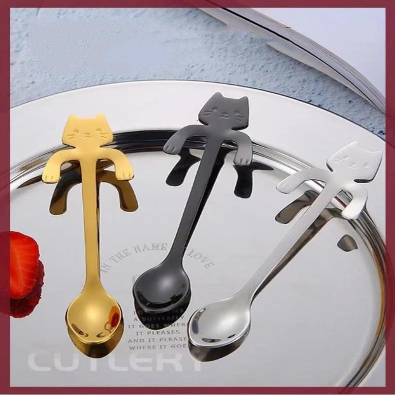 Stainless Steel Cute Cat Hanging Spoons Smooth Edge Lovely Design Fit For Coffee Tea Dessert Home Use