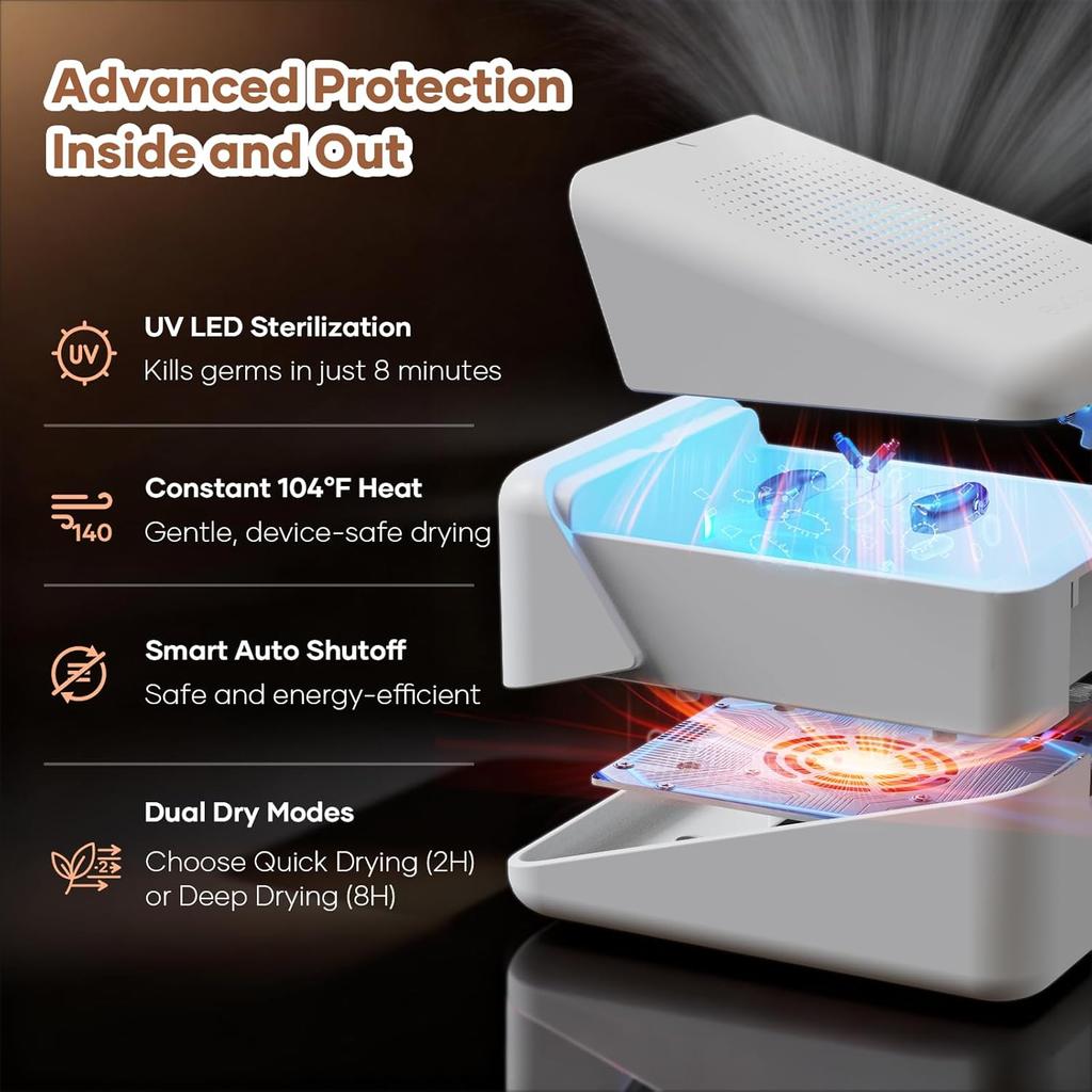 Hearing Aid Dryer – 40 ℃   Constant Heat Dehumidifier with UV LED, 8 Hour Auto Dry Modes – Portable Dry Box for Hearing Aids