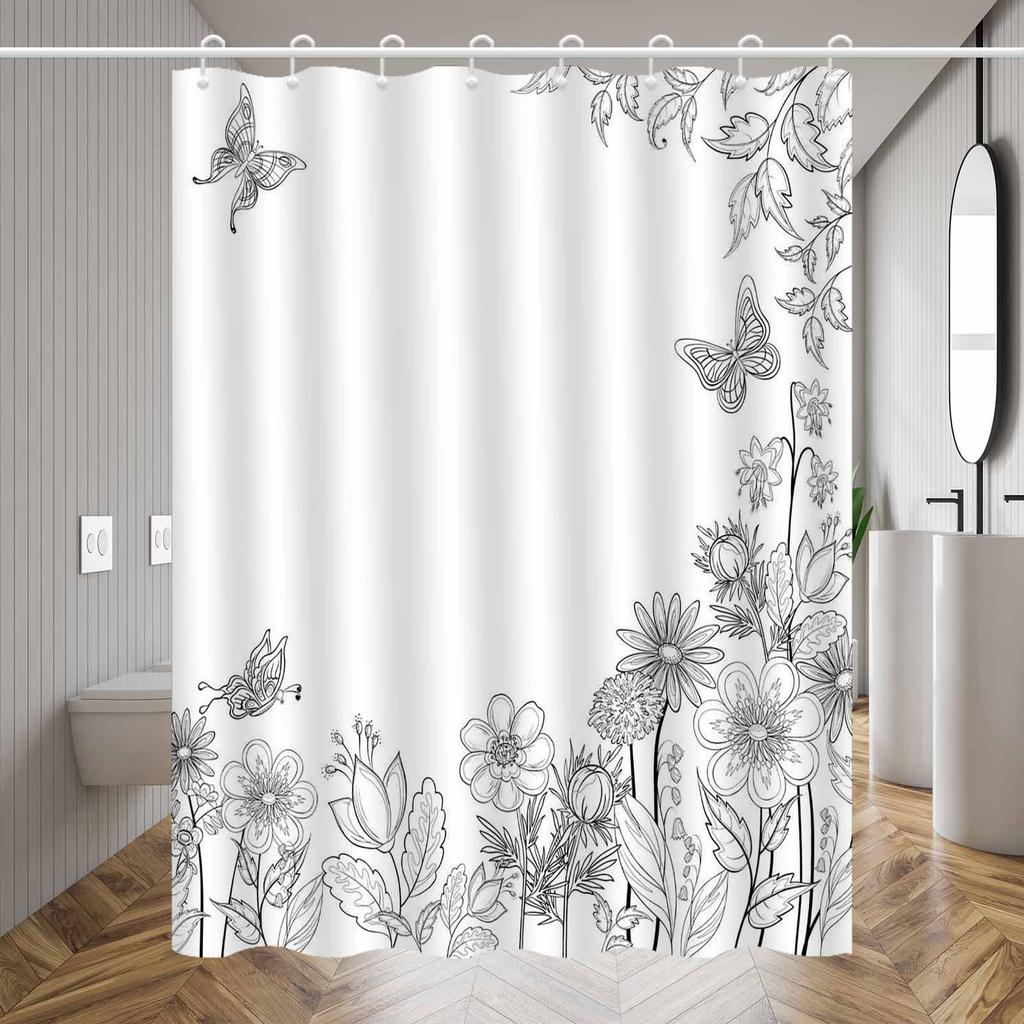 1pc black and white butterfly and flower pattern shower curtain, polyester fabric, machine washable, suitable for bathroom