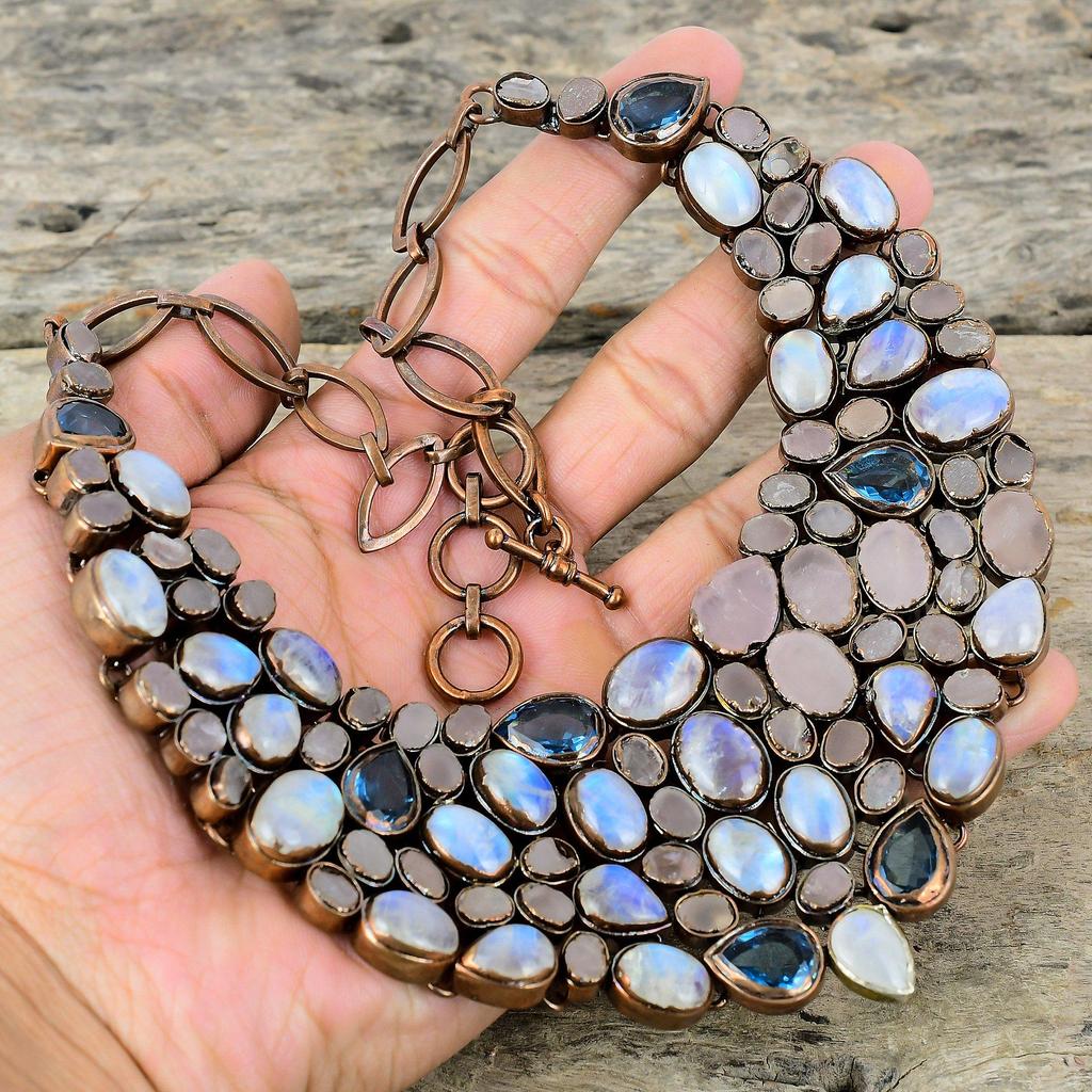Rainbow Moonstone Necklace Electroformed Copper Necklace Adjustable Chain Necklace Swiss Blue Topaz And Rose Quartz Rough Gemstone Necklace