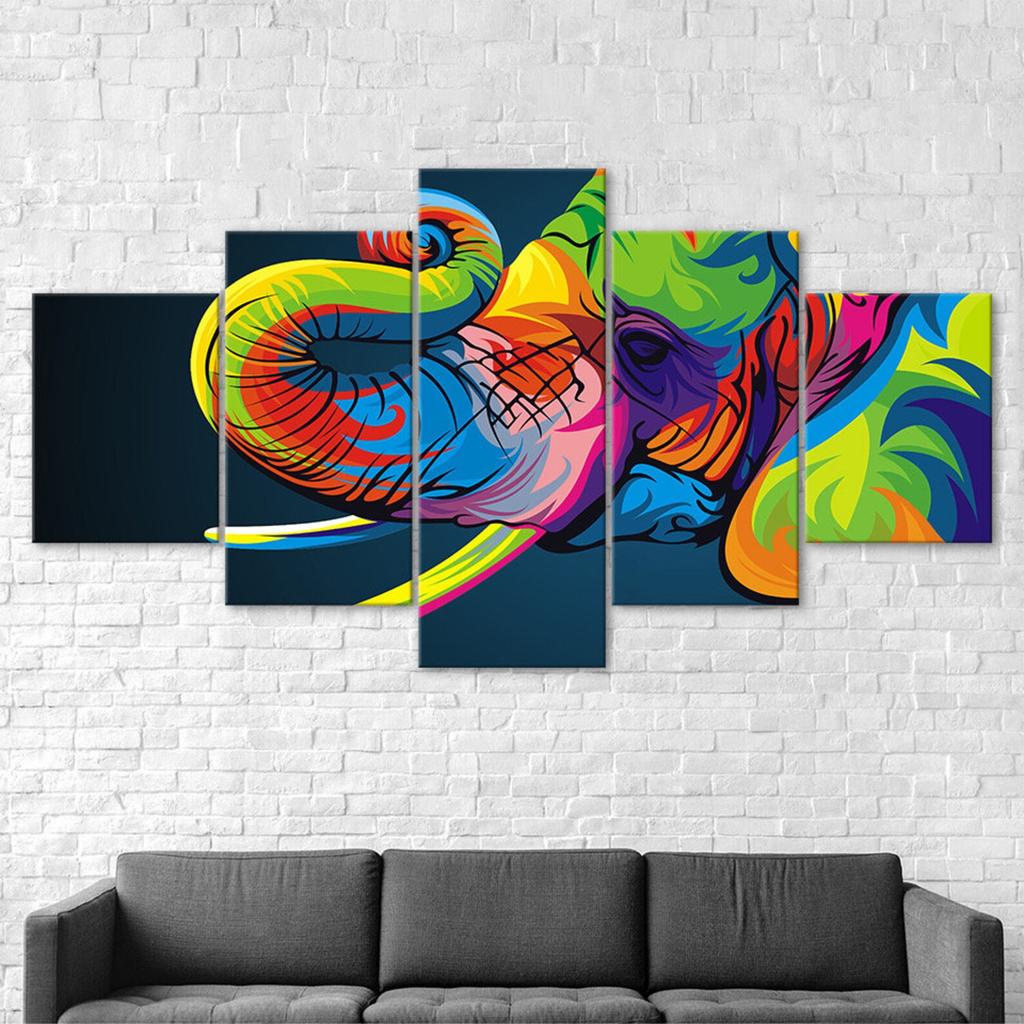 Colorful Elephant Head 5 Piece Five Panel Wall Canvas Print Modern Art Poster Picture Home Decor Gift For Him For Her
