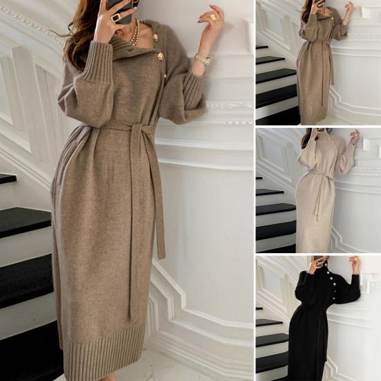 Women's Turtleneck Sweater Midi Dress Button High Neck Long Sleeve Dress Fall Ribbed Knit Long Dress with Belt