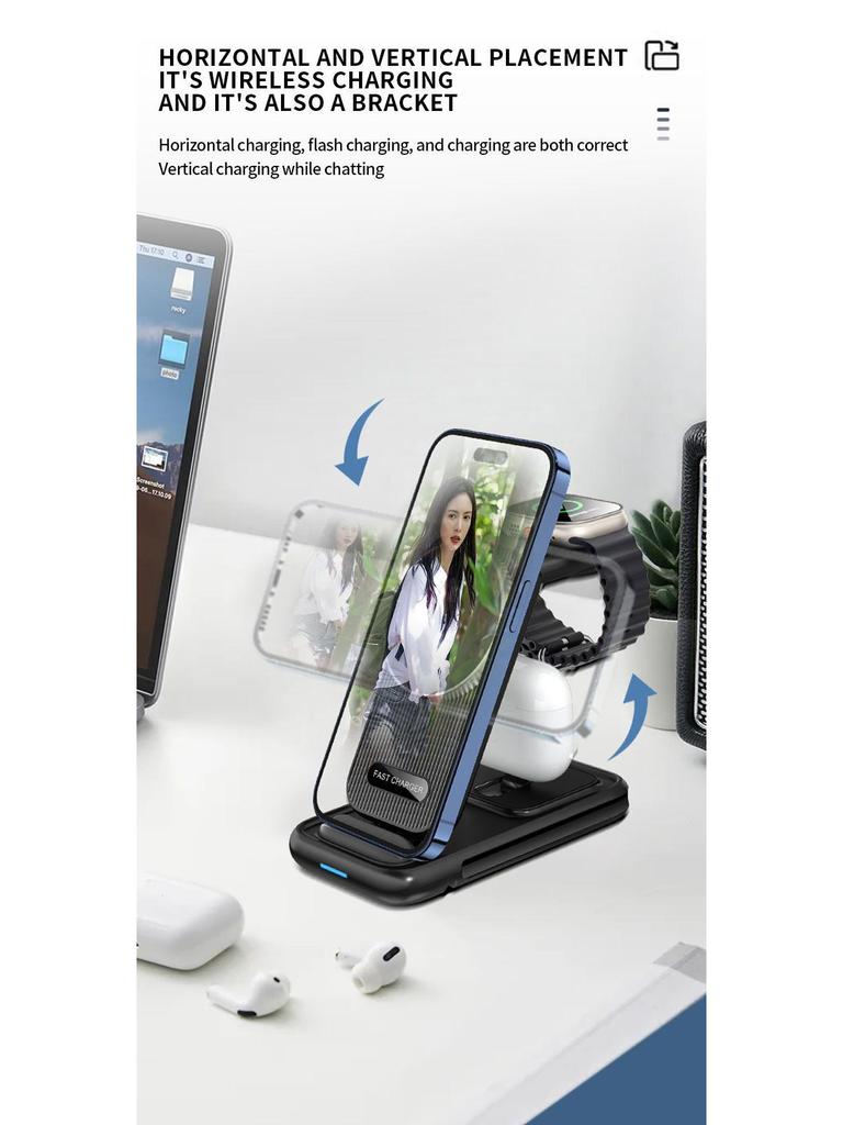 Foldable Multi-Functional Wireless Charging Stand with Built-in Cable - 15W Four-in-One Fast Charger for Mobile Phones