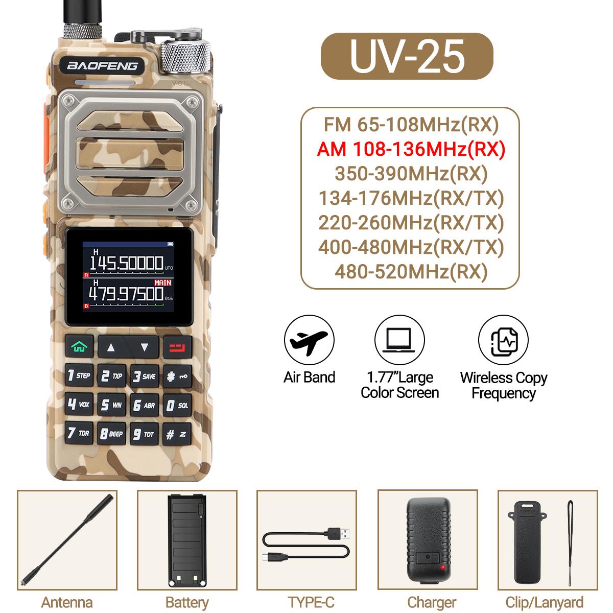 Baofeng UV-25 Walkie Talkie Luchtvaartband Lange Afstand UHF VHF AM Draadloos Frequentie Kopiëren 999 Zenders NOAA Type-C Oplader Amateur Tweerichtingsradio EURO