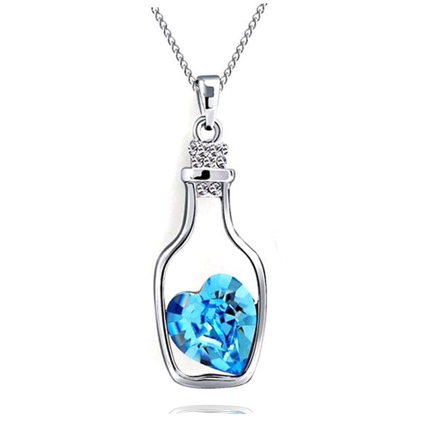 Korean Style Peach Heart Rhinestone Wish Bottle Necklace with Austrian Crystal Pendant