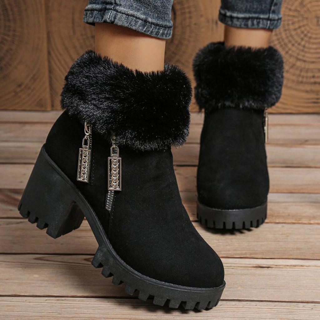 Plush Rolled Up Heel Women's High Heeled Winter Fashion Boots With Side Zipper Short Shaft Chunky Heel Suede Boots for Women