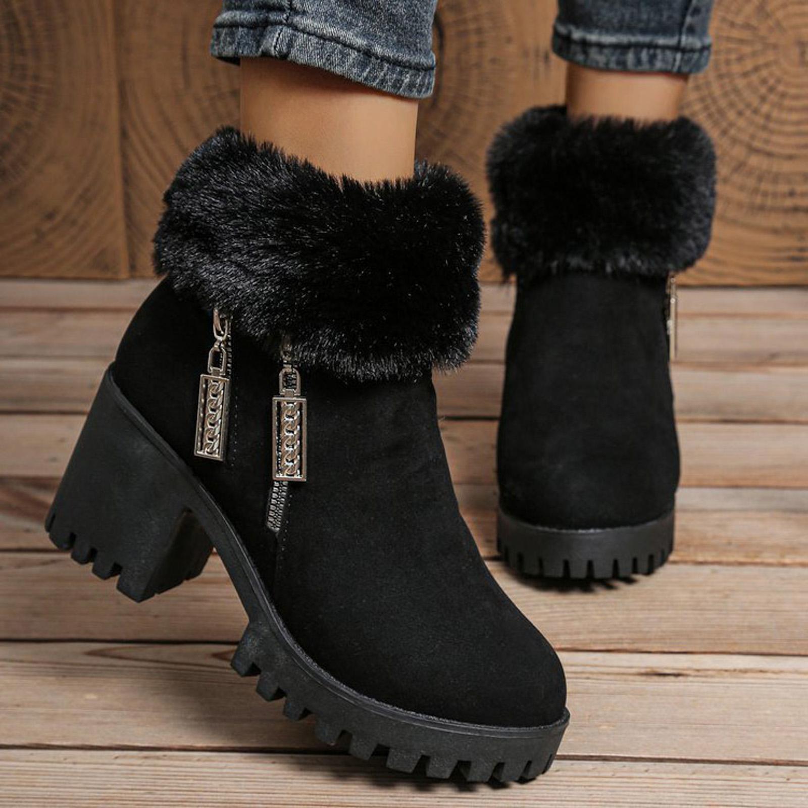 Plush Rolled Up Heel Women s High Heeled Winter Fashion Boots With Side Zipper Short Shaft Chunky Heel Suede Boots for Women 37 чёрный