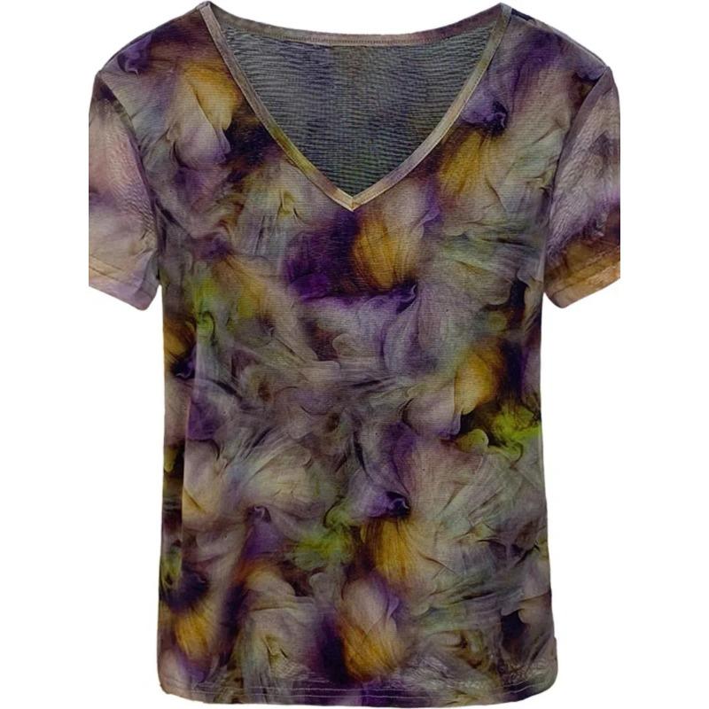 Women s Casual Purple Abstract Print Sheer V Neck Short Sleeve Top M