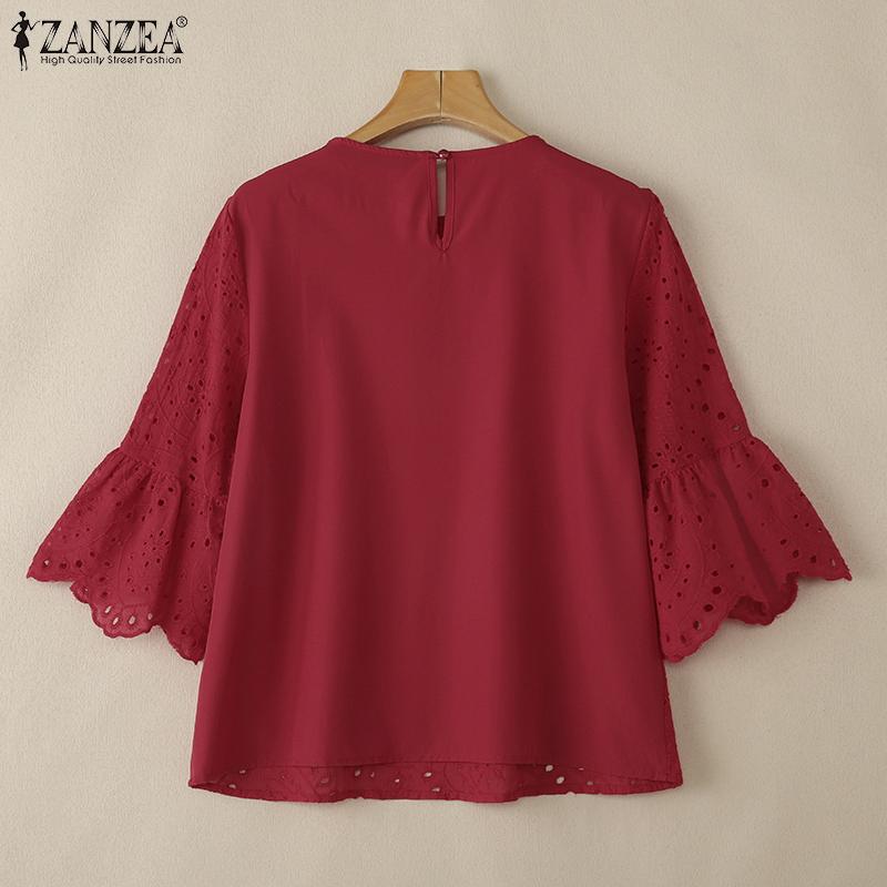 ZANZEA Dámská ležérní halenka s kulatým výstřihem, 3/4 rukávy, volná, krajková háčkovaná