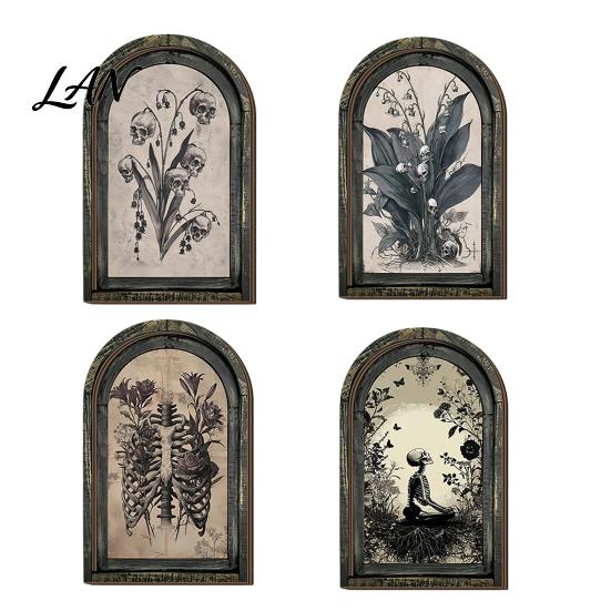 Rustic Halloween Table Decor Arched Wooden Wall Decor, Ghost Cat Double-Layer Hanging Ornament, Distressed Gothic Vintage Style Print Tabletop Plaque,