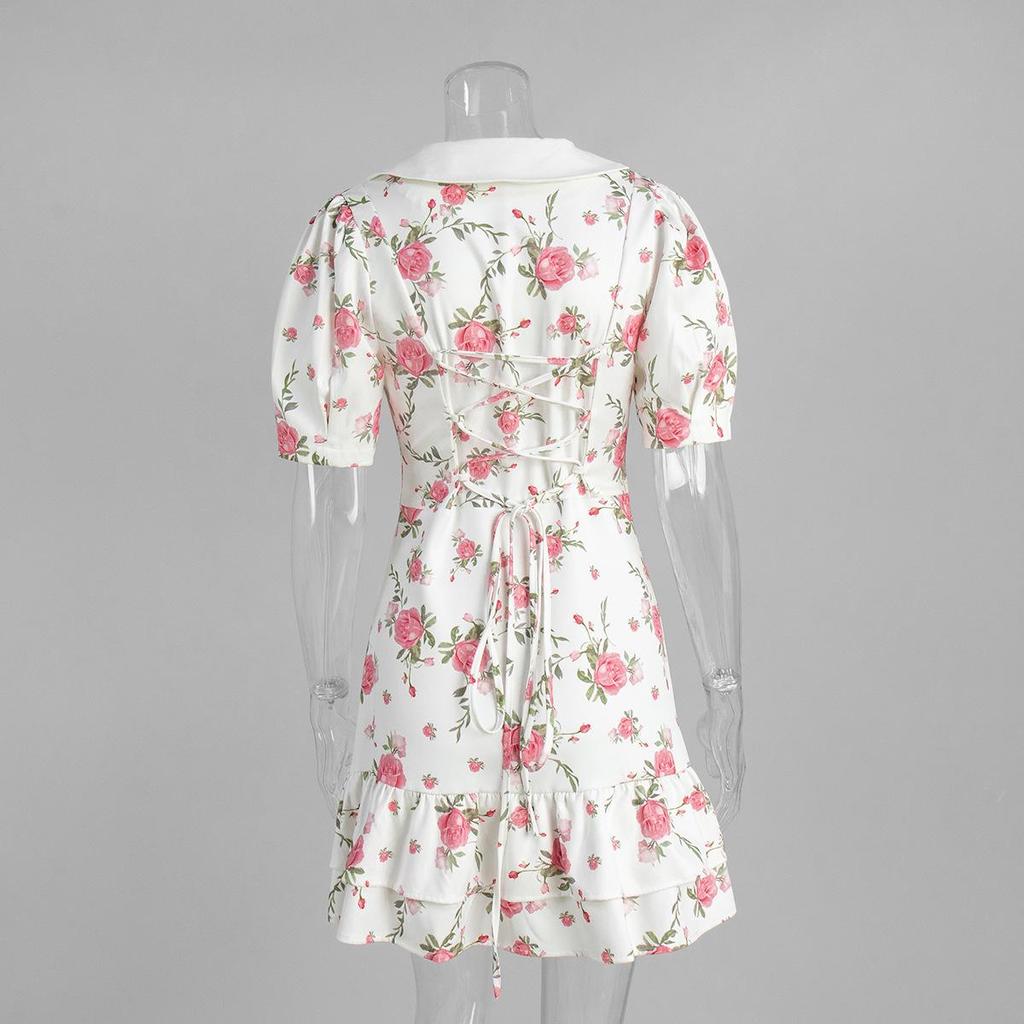French V-neck Puff Sleeve Summer Dress with Waist-Tightening Print and Ruffle Details for 2025