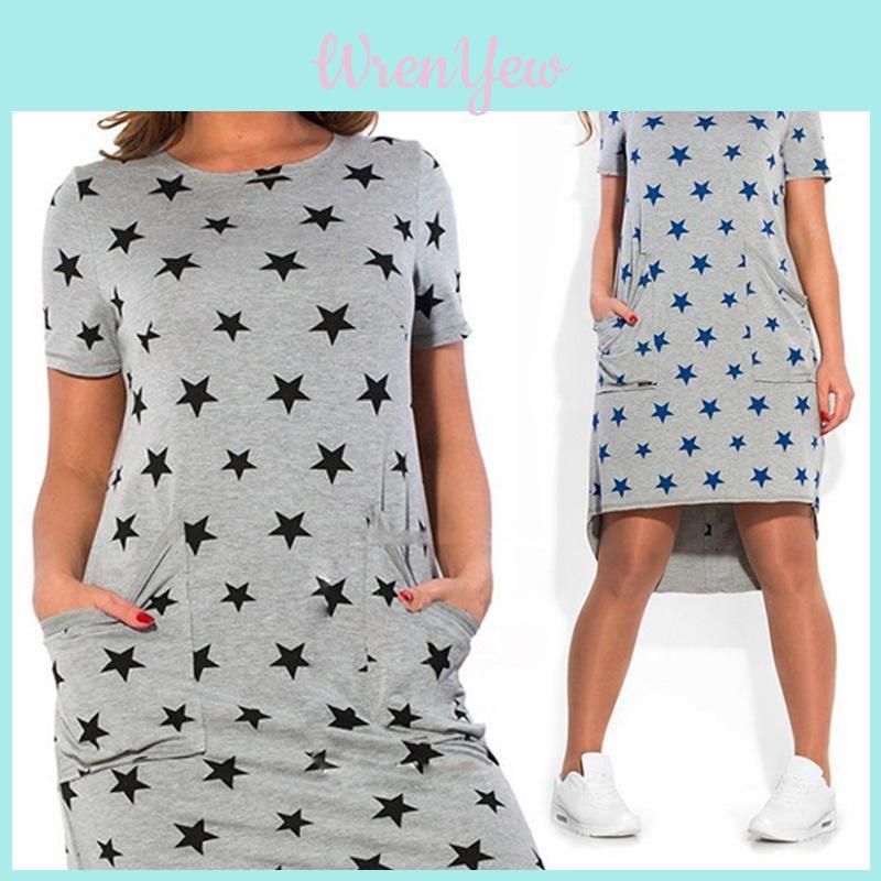 Summer Women Stars Printed Clothing Loose Fit Knee-length Casual Dress In Cotton Blend