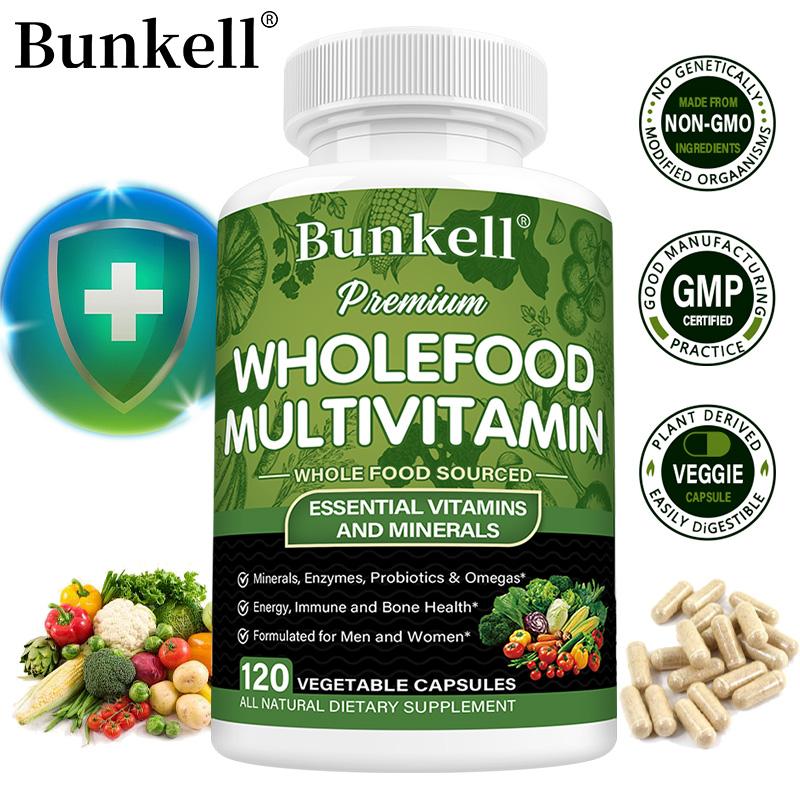 Bunkell Vollwert-Multivitamin-Nahrungsergänzungsmittel, aus Vollwertkost gewonnen, mit Probiotika & Enzymen, 120 Kapseln