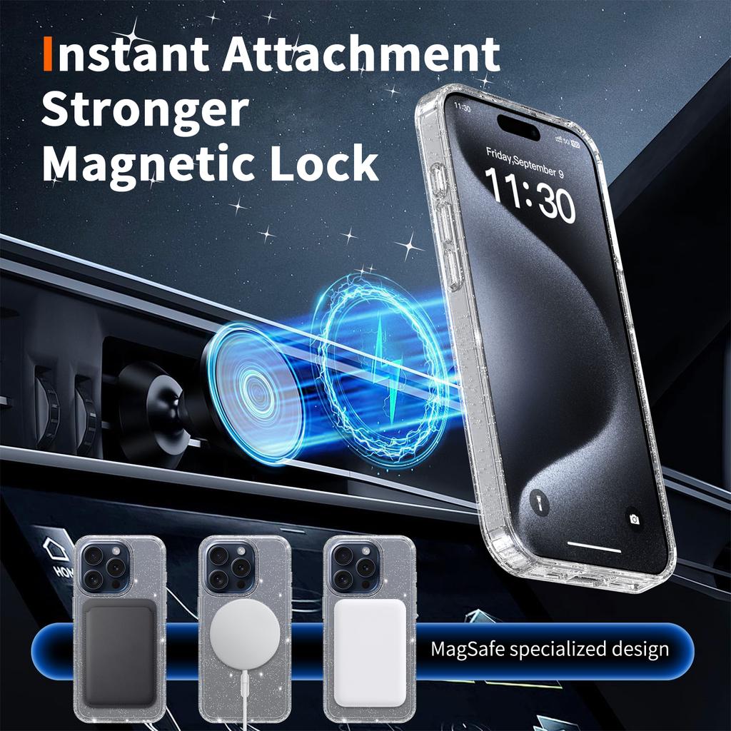 Anti-Yellowing Glitter Clear Case for Magsafe Iphone 17 Air 16 E 15 15Pro 14 Plus 13 Pro Max 13Pro 14Pro 16Pro 17Pro Mag Safe Phone Cover