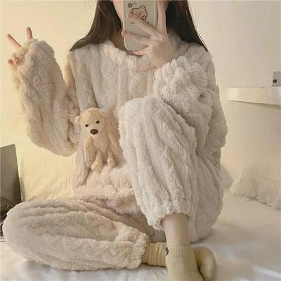Women's Plush Winter Pajamas Set with Stuffed Bear