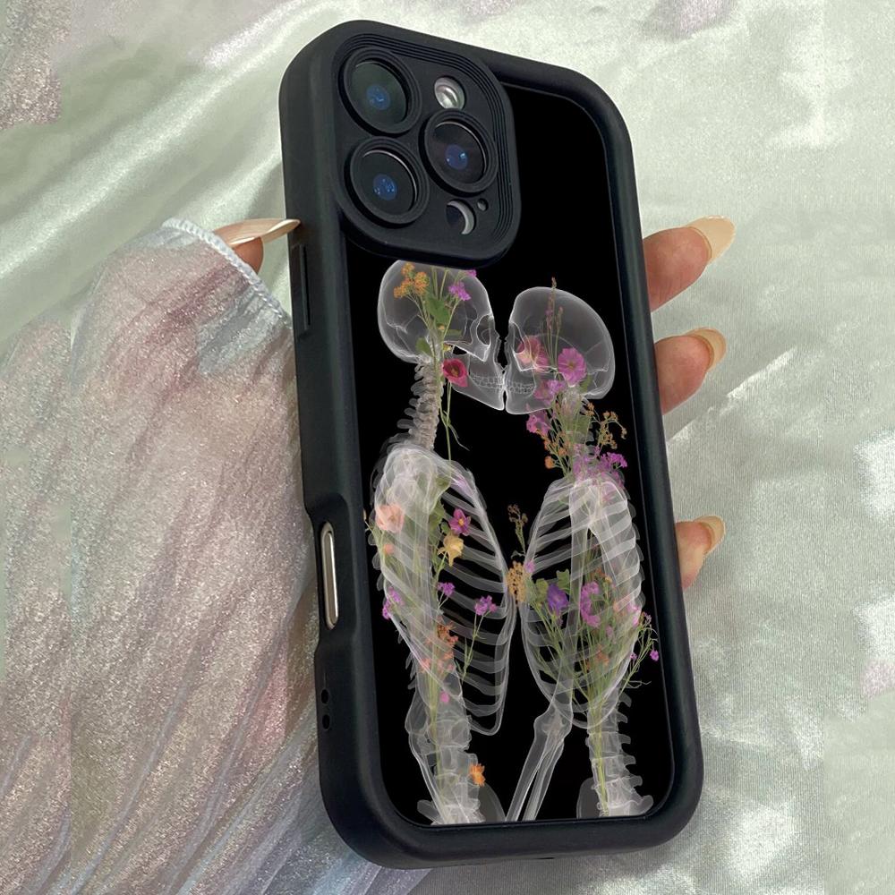 JT77 Black Couple Skulls Love Art for iPhone 17 16 15 Pro Max Samsung S26 S25 S24 Ultra A17 A16 A07 A56 Xiaomi 15T Redmi Note14 Pro Soft 15c TPU Case
